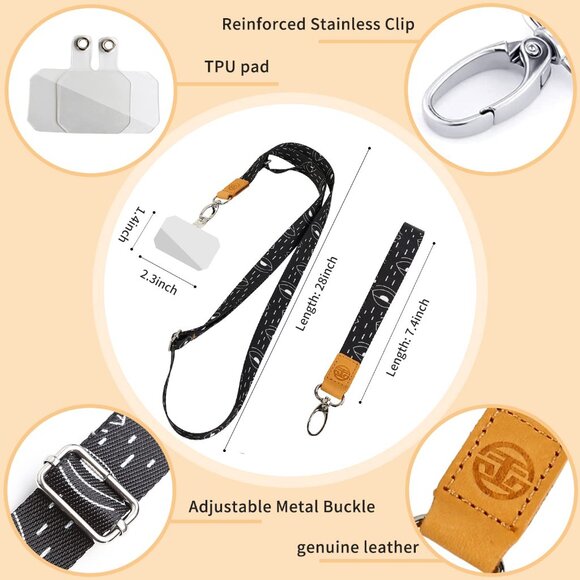 Phone Lanyard - 2 Pads, 1 Adjustable Neck Strap, 1 Wrist Strap, Nylon Lanyard - Picture 2 of 6